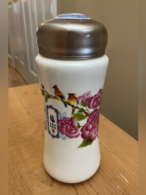 NEW Asian Porcelain Travel Thermos Stainless Steel Lid Bird Floral Design